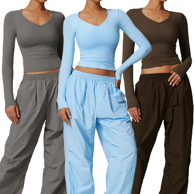 DCX8694-2 Women Sexy V Neck Long Sleeves Fitness Crop Top Yoga Tops Comfortable Outdoor Activewear