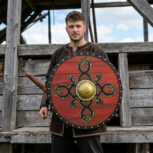 Bouclier Viking en bois fait main, peint en rouge avec un motif de dragon doré, style antique, bouclier rond décoratif - Product Image 1