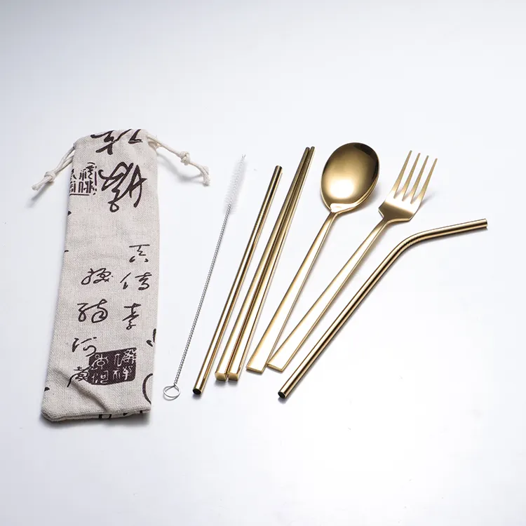 Portable Flatware Set Reusable Fork Chopsticks Spoon Juice Straw Cleaning Brush Durable Travel Cutlery Set