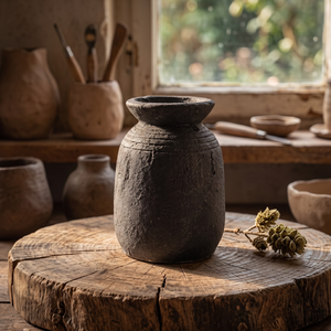 A rustic ceramic table <b>vase</b> from Home Basket Bali, featuring an elegant black glaze and handmade charm. - Product Image 1