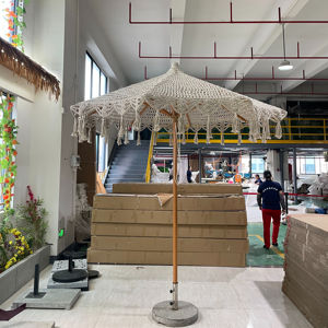 Venta al por mayor de lujo de cuerda tejida a mano sombrilla de sol Boho poste de madera ganchillo algodón borla <span class=keywords><strong>Patio</strong></span> playa sombrilla con flecos - Product Image 6