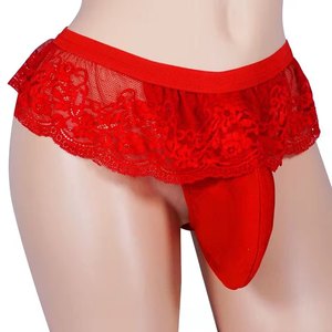 <b>Men</b> Sexy Lace <b>Thong</b> With Transparent Skirt Low Rise Purple Spandex Nylon Underwear For Crossdressing - Product Image 3
