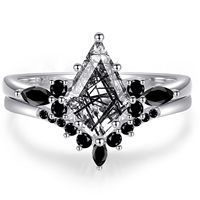 Anneaux de pierres précieuses en agate mousse naturelle, bagues de fiançailles en quartz rutilé noir en argent sterling taillé cerf-volant pour cadeau pour femme