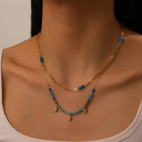 Mode transfrontalière rétro Style sud-asiatique bleu perlé chaîne empilée diamant accessoires en acier inoxydable collier en forme de O