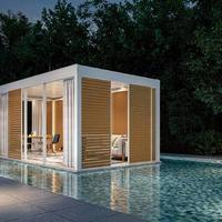 Pergola motorisée moderne en aluminium avec persiennes coulissantes à grain de bois, revêtement poudré, imperméable, pour jardin extérieur, gazebo, pavillon