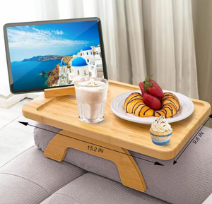 Vassoio Ecologico <span class=keywords><strong>in</strong></span> <span class=keywords><strong>Legno</strong></span> di Bambù per Divano con Supporto Girevole per Telefono e Piatto per Snack/Frutta - Design Classico - Product Image 2