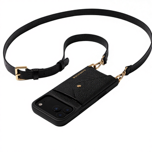 حافظة هاتف باندولير هايلي كروس بودي. جلد طبيعي 100% من نوع بيبل مع تفاصيل ذهبية. حزام قابل للتعديل وقابل للإزالة. بطاقة - Product Image 1