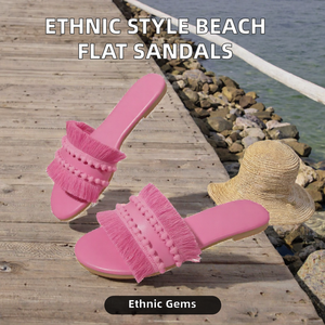 Sandales plates à franges roses pour femmes, sandales ouvertes pour la plage, chaussures d'été pour les vacances - Product Image 2