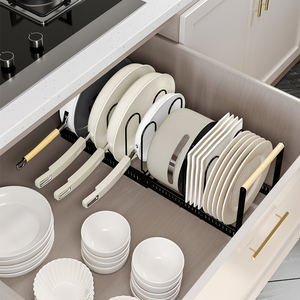 Support de rangement pour casseroles coulissantes rétractables en métal avec poignée en bois, étagère de rangement pour assiettes à vaisselle - Product Image 4