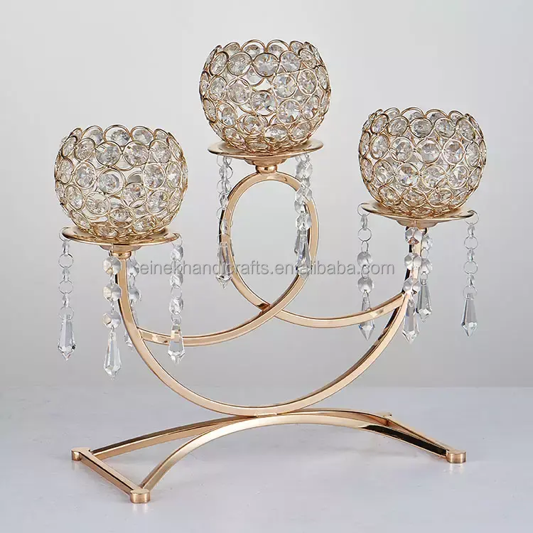 Dekorasi Pernikahan Centerpieces 3 Lengan Kristal Emas Pemegang Lilin Nazar