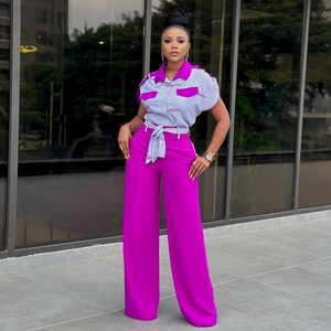 2024 Summer New Fashion Casual Suit for European American Women Lapel Short Sleeve Shirt Wide Strap <b>Pants</b> Woven Solid Pattern - Product Image 4