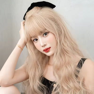 Blonde <b>Wig</b> with Bangs Luxury Synthetic Long Body Wave Non-Lace 24 Inch Heat Resistant China Kinky Curly Crochet - Product Image 5