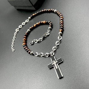 Fatingna Kreuz und Perlen Stein Tigerauge Perlen Rosenkranz Halskette Edelstahl Naturstein Perlen Lange Halsketten für Männer - Product Image 3