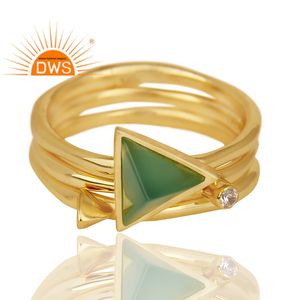 Triangle Cut <b>Green</b> Onyx Gemstone CZ Ring 925 Sterling Silver Gold Plated Stacking Ring Manufacturer Supplier - Product Image 2