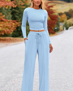 Conjunto <span class=keywords><strong>de</strong></span> 2 Piezas <span class=keywords><strong>de</strong></span> Color Sólido Minimalista para Mujer, Top Corto <span class=keywords><strong>de</strong></span> Manga Larga + Pantalones Anchos <span class=keywords><strong>de</strong></span> Cintura Alta, Traje Deportivo Informal <span class=keywords><strong>de</strong></span> Corte Holgado - Product Image 2