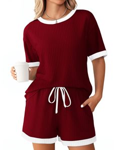European American Women Ribbed Knit Color Block <b>Pjs</b> Solid Short Sleeve Sleepwear <b>Summer</b> - Product Image 3