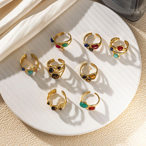 Bague ouverte vintage haut de gamme Taina pour femme, en acier inoxydable, avec pierre œil de tigre, style européen et américain, accessoire de main électroplaqué - Product Image 2