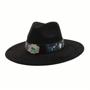 New Arrival National Style Suede Fedora Hat Flat Wide Brim with Embroidery <b>Patch</b> Design Casual Fashion Colorful Suede Jazz Hat - Product Image 2