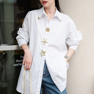 Camicie e camicette da donna Casual a <span class=keywords><strong>maniche</strong></span> <span class=keywords><strong>lunghe</strong></span> ampio Outwear Casual in cotone traspirante nero bianco Cardigan camicia - Product Image 1