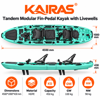 Kayak de pêche modulaire tandem personnalisé de 4,5 m en HDPE pour 2 personnes, avec propulsion à double aileron et bacs à poissons vivants de 60 L