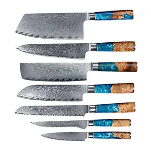 7Pcs Cuisinart Chef Knife Set Cuchillos De Cocina Nakiri Cleaver Knife Luxury Resin Handle Vg10 Damascus Steel Kitchen Knife Set