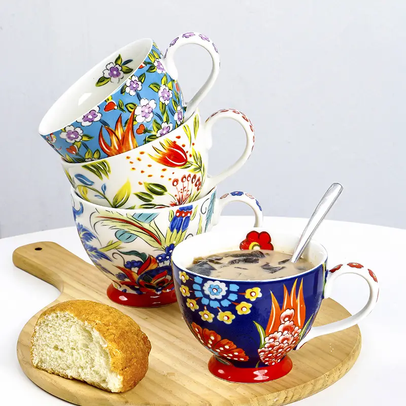 Tazas de desayuno de cerámica dibujadas a mano europeas y americanas, marcas de taza de café de gran capacidad