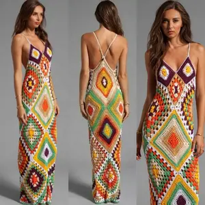 Novità Sexy senza maniche Beach Wear abiti lunghi Bohemia Summer Beach Crochet Knit Dress Women dropshipping all'ingrosso