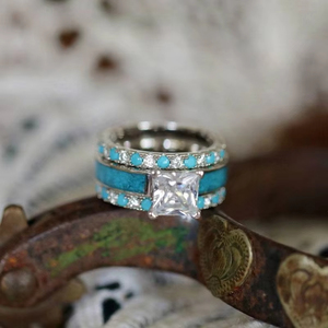 ZhuQian Vente en gros de 3 pièces/ensemble, bague élégante et délicate pour femmes, turquoise carrée, zircon scintillant, plaqué argent vintage, ensemble de bagues de <span class=keywords><strong>mariage</strong></span> - Product Image 5