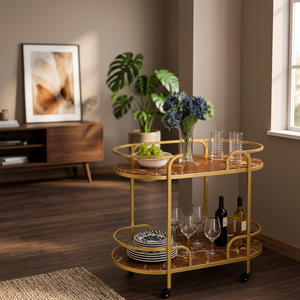 Chariot de bar minimaliste à double niveau avec roulettes, plateau en marbre et structure dorée pour le rangement des boissons dans la cuisine - Product Image 3