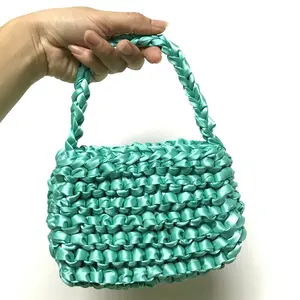 Fashionable custom fluorescent satin woven hollow out evening Handbag bag