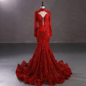 Manufacturer Halter Bodycon Sexy V Slim Hip Red Long Sleeve Formal Prom Gown 2023 Fancy Sequin Mermaid Tail Evening Party Dress