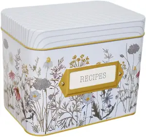 Tin Metal Eco Friendly Kitchen Food Recipe Card And Box Set Tin Recipe Box With Wild Flower Printing