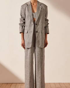 Recién llegado, Chaqueta de algodón de lino a medida de gran tamaño personalizada de fábrica y pantalones de cintura alta, <span class=keywords><strong>ropa</strong></span> de <span class=keywords><strong>mujer</strong></span>, conjunto de traje de <span class=keywords><strong>ropa</strong></span> informal - Product Image 1