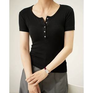 RUICHI Henley Neck Button Slim Fit Tee, Modal Stretch Regular Shoulder Plus Size Casual Basic Short Sleeve <strong>Top</strong> For Ladies - Product Image 4