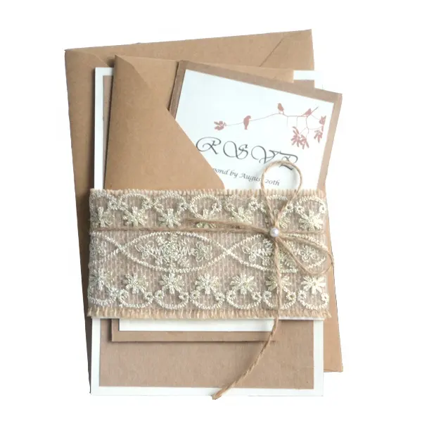 Handmade vintage paper invitation cards for wedding with lace