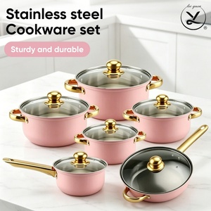 Professional 6-Piece Stainless Steel Cookware Set Heavy Duty Induction Ready Non-Stick Gold Plated Handles Glass <b>Lids</b> for - Product Image 1
