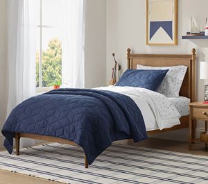 <span class=keywords><strong>Lit</strong></span> simple en bois massif rétro avec tissage en bois, matelassage géométrique bleu marine, <span class=keywords><strong>lit</strong></span> simple simple pour chambre de garçons - Product Image 3