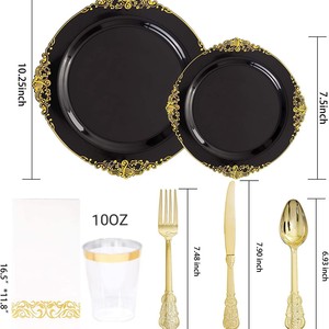 Ensemble de vaisselle jetable de luxe en gros, <span class=keywords><strong>assiettes</strong></span> à bord gaufré dragon 3D, gobelets dorés, fourchettes, couteaux, cuillères, serviettes Airlaid non toxiques - Product Image 6