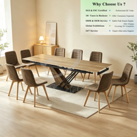 Table de salle à manger moderne en MDF OKAY, extensible et rétractable pour plusieurs personnes, avec plateau en MDF et base stable à croisement.
