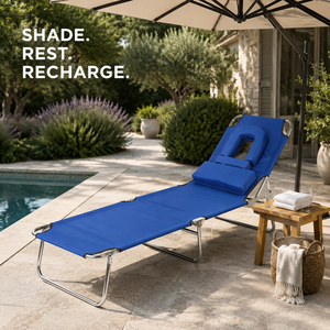 Chaise longue de plage pliable bleue avec trou pour le visage, cadre en acier, inclinable multi-positions, pour utilisation en extérieur, dans les parcs et les hôtels - Product Image 1