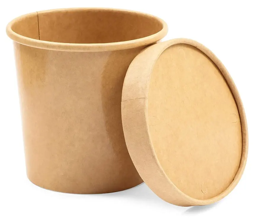 Cubo de sopa de papel Kraft desechable, cuenco de sopa de papel Kraft ecológico con tapa