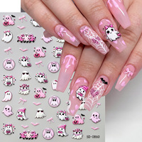 Autocollants pour ongles Halloween en relief motif dessin animé, adorables citrouilles 3D et fantômes roses, pour enfants, autocollants adhésifs pour manucure, vente en gros