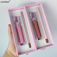 Vente en gros Private Label Vegan 2 en 1 Lip Gloss Set Pink Box Kit de crayon à lèvres et de brillant à lèvres à haute pigmentation