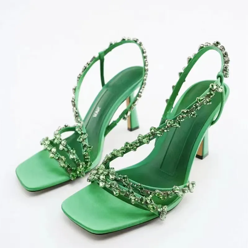 New women's shoes green beaded straps with fairy-style temperament banquet stiletto high-heeled sandals