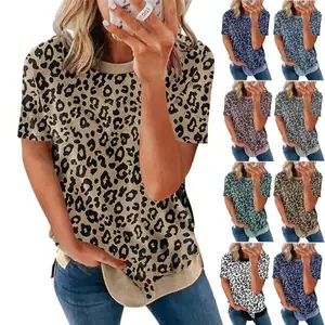 Женские повседневные топы с коротким рукавом, рубашки с круглым вырезом и леопардовым принтом, свободная блузка, базовая футболка