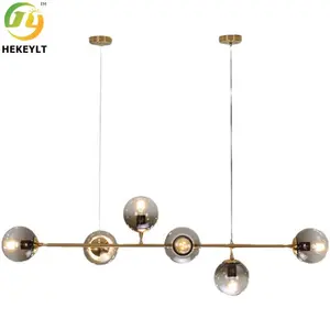 JYLIGHTING Lampes suspendues boule de verre noir et or à 6 lumières style moderne Table à manger linéaire îlot de cuisine interrupteur d'alimentation AC ampoule LED