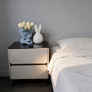 NKOL Modern Minimalist Nightstand with 2 Drawers Glass Top Black Legs Bedroom Furniture <b>Storage</b> <b>Side</b> <b>Table</b> - Product Image 2