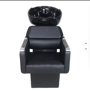 Station de lavage de cheveux pour salon de beauté et barbier, avec bac inclinable en céramique blanc et noir et siège réglable - Product Image 3