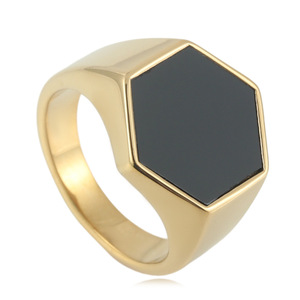 Men's Hexagonal <b>Titanium</b> Steel <b>Ring</b> Gold Black Inlay Geometric Fashion Jewelry Gift - Product Image 1