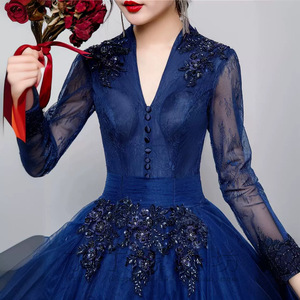 Blue Long Sleeve Ball Gown Women Stage Performance Dress With Embellishments Formal Wear For Choir Singing Art Exam - Product Image 4